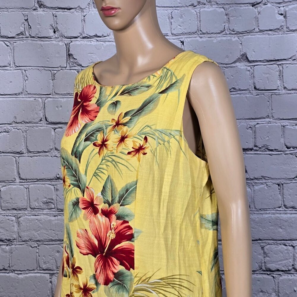 Hilo Hattie Yellow Floral Flanged Sleeveless Dress, Women's Medium